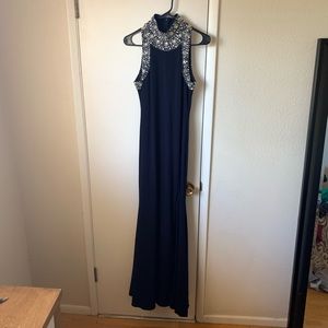 Betsy & Adam High Neck Long Formal Dress